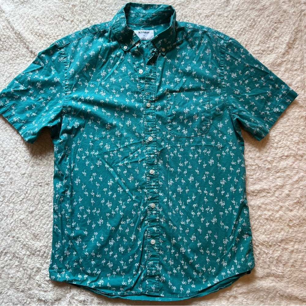 Old Navy | Mens ShortSleeve Green White Flamingo Print Pattern Button-up Shirt M